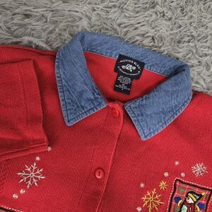 Vintage Moving‎ Bleu Womens Medium Red Long Sleeve Christmas Button Up Sweater